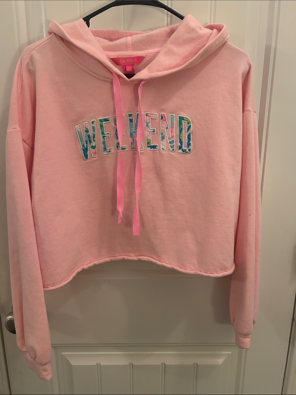 Lilly Pulitzer Pink Cropped 'WEEKEND' Hoodie Sweater